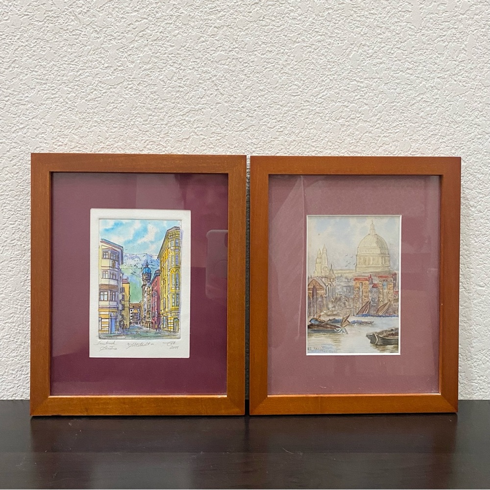 2 Watercolor Painting Framed Artwork Innsbruck Austria & St. Paul’s Cathedral